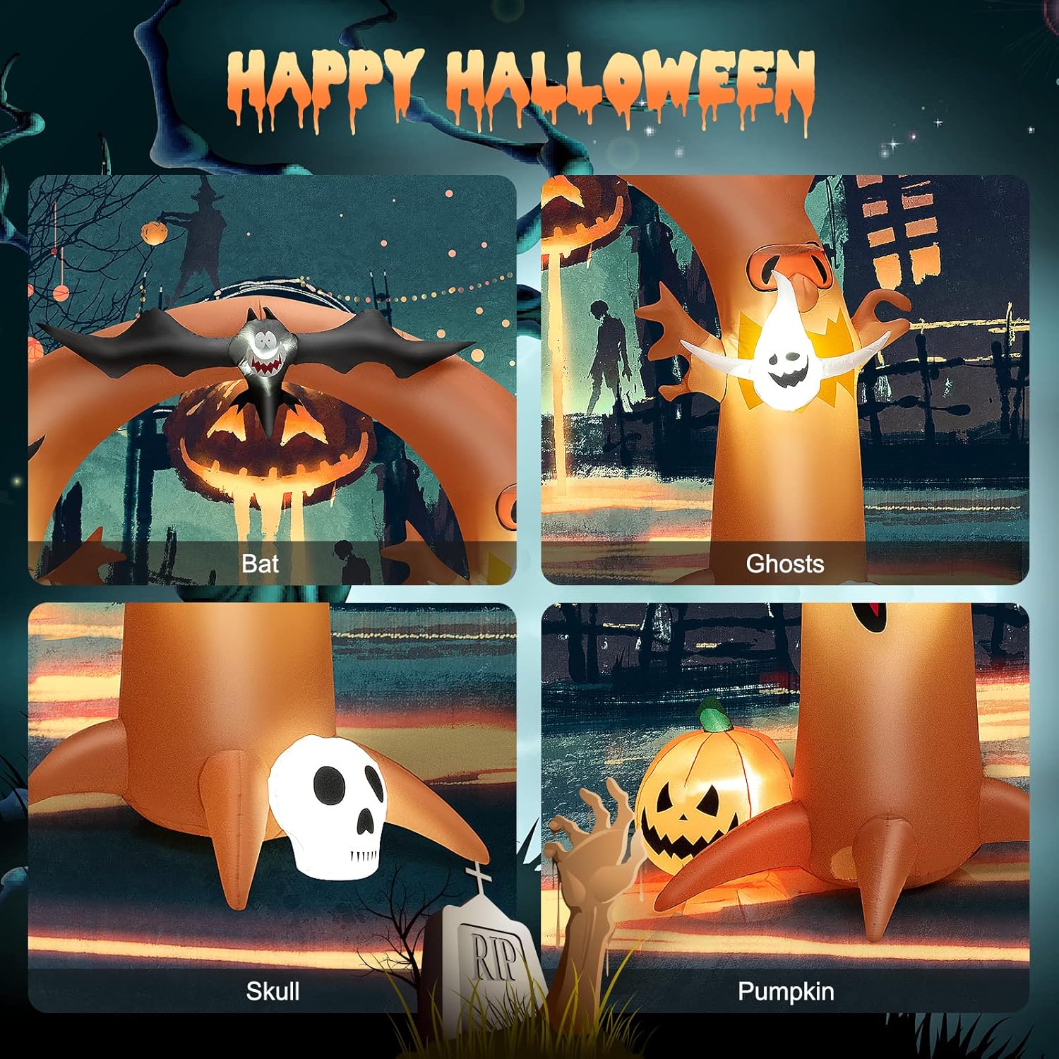 COSTWAY Arco de árbol muerto inflable de Halloween de 8 pies de alto con murciélago, luces LED brillantes y soplador integrado