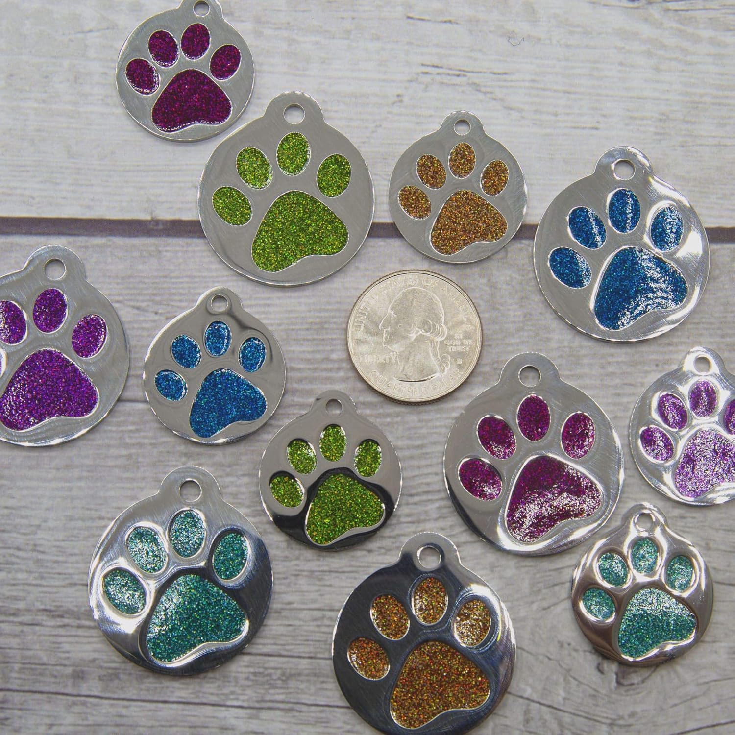Etiqueta grabada para mascotas para perros y gatos, personalizada con 4 líneas de identificación grabada, huella de pata redonda, acero inoxidable