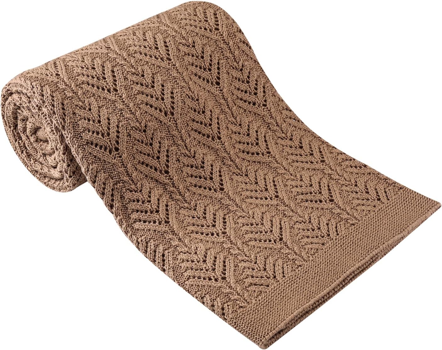 Manta de bebé de punto neutro, mantas de algodón orgánico suave de ganchillo para niñas y niños, tamaño 43 x 35 pulgadas, color café claro