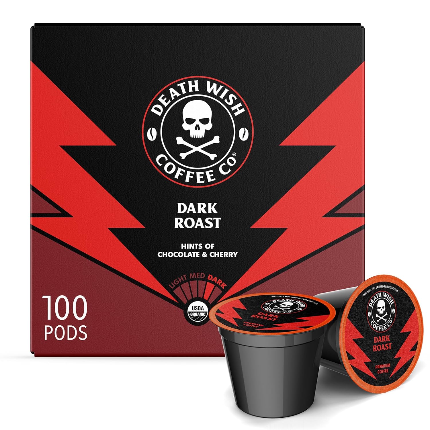 Death Wish Coffee – Cápsulas individuales de café tostado oscuro, hechas con certificado orgánico USDA, extra de cafeína (tostado oscuro, 100