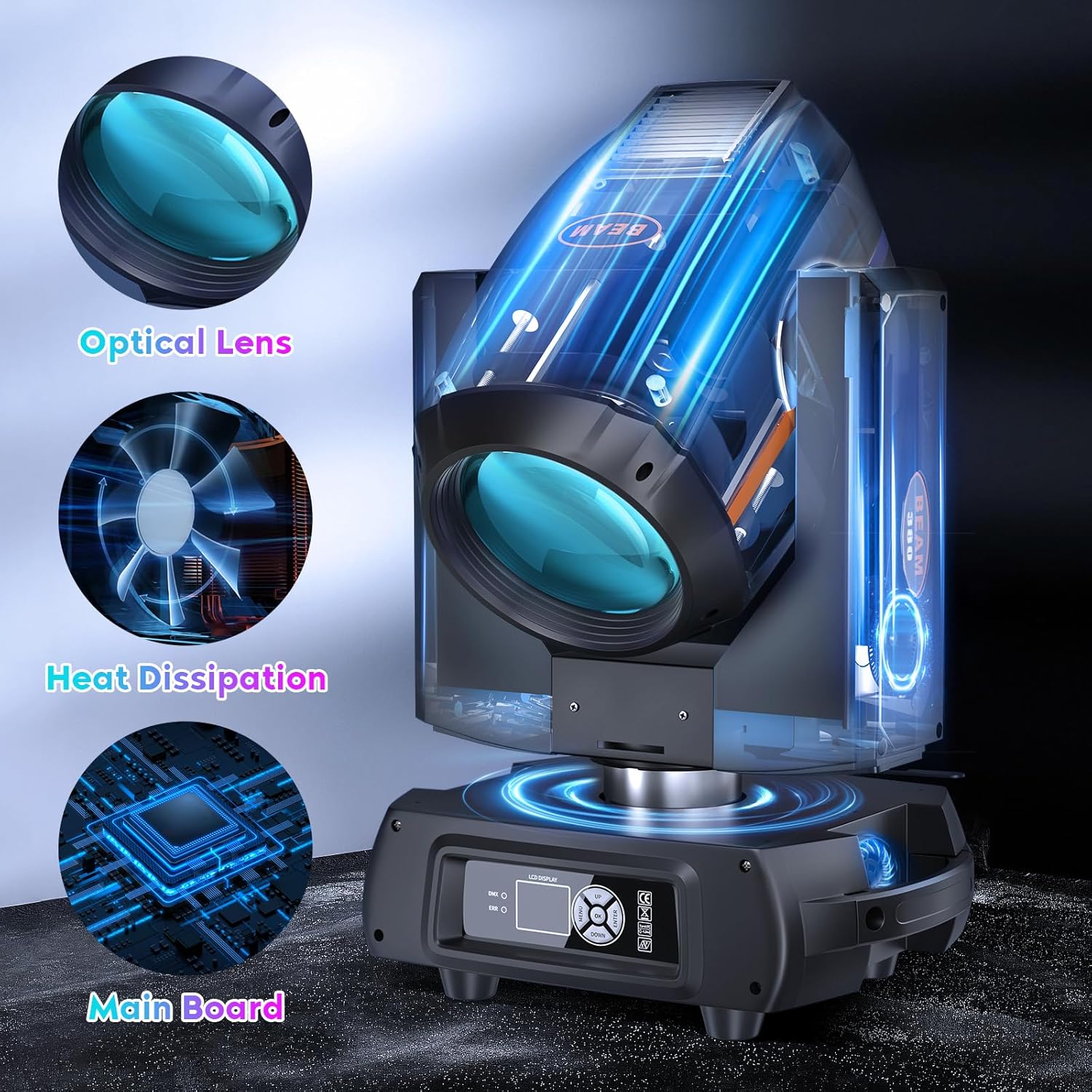 Luz de cabeza móvil de 380 W incorporada con 8 y 16 prismas de faceta, 13 Gobos 13 colores de iluminación de escenario de enfoque lineal, 16 canales
