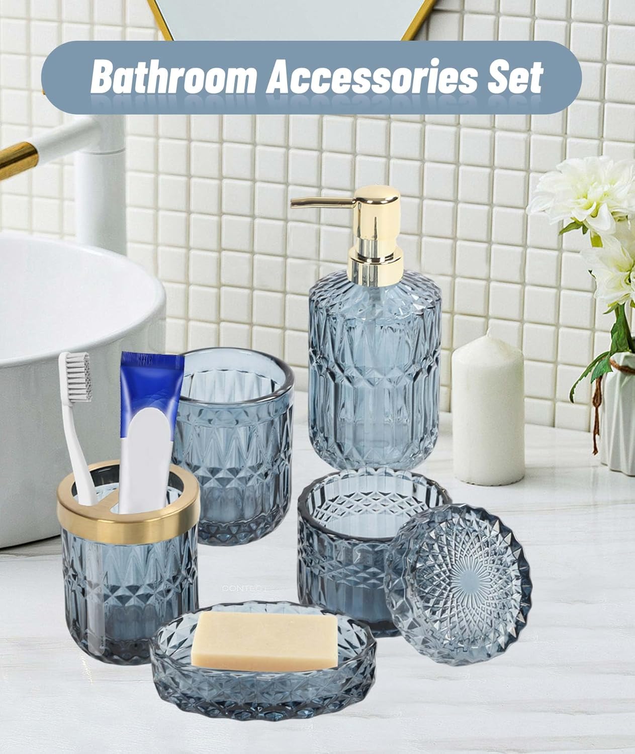 Juego completo de 5 piezas de accesorios de baño azules, soporte para cepillo de dientes, vaso, dispensador de loción, jabonera, tarros de hisopos