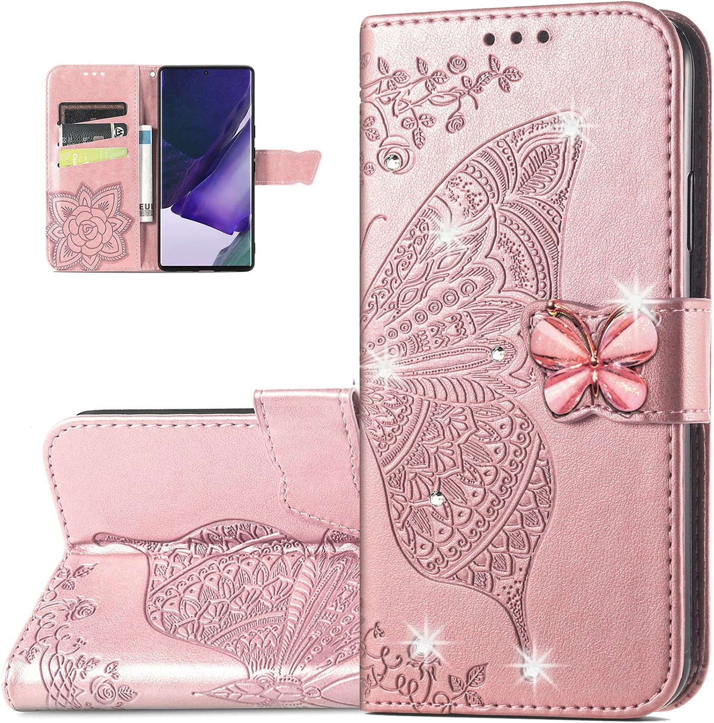 Funda tipo cartera para Samsung Galaxy A13 5G, diseño de mariposa de piel sintética con cierre magnético y tarjetero para Galaxy A13 5G Rhinestone