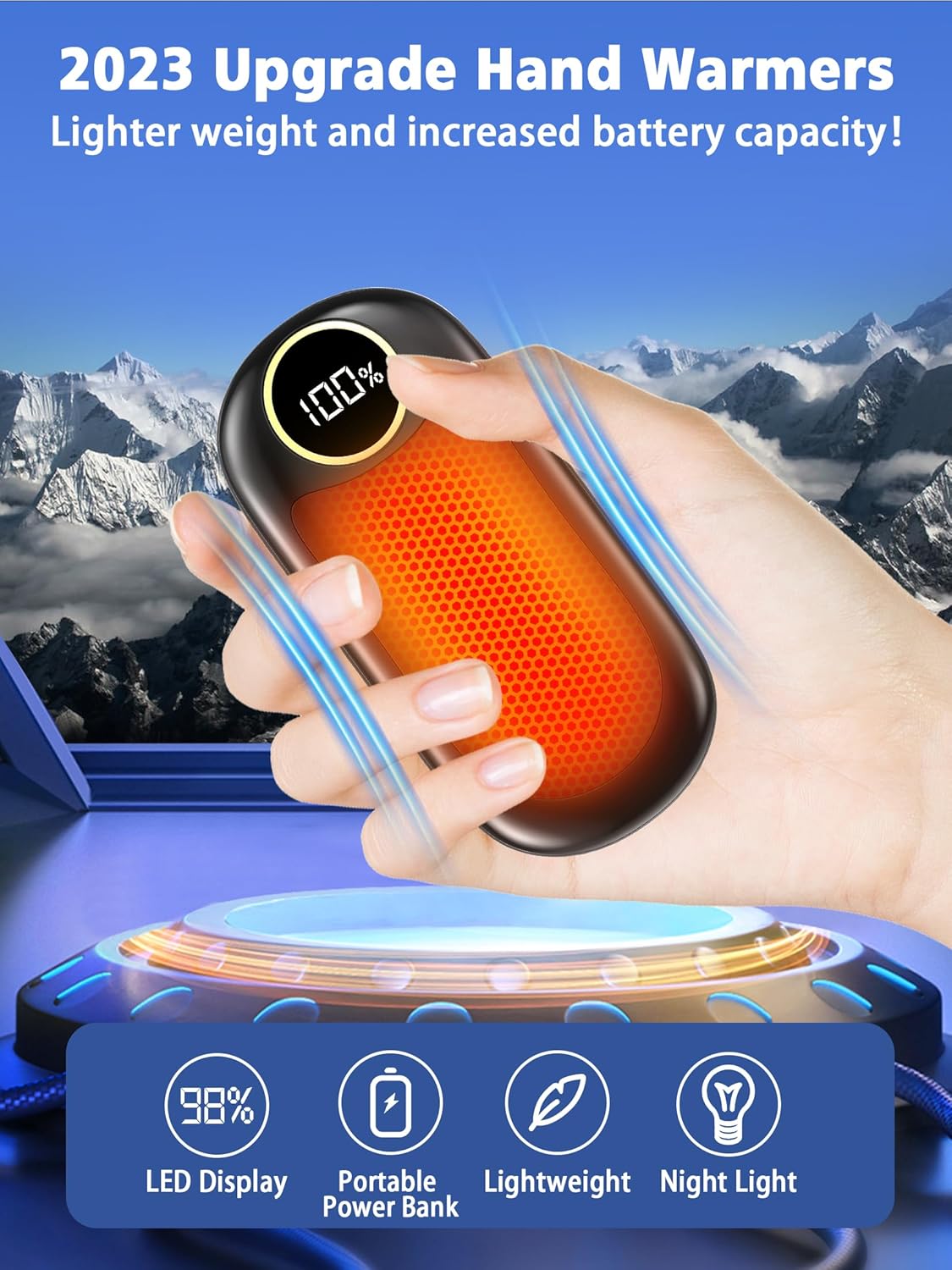 Calentadores de manos recargables, calentadores de manos eléctricos de 7000 mAh hasta 18 horas de calor, calentadores de manos de doble cara con