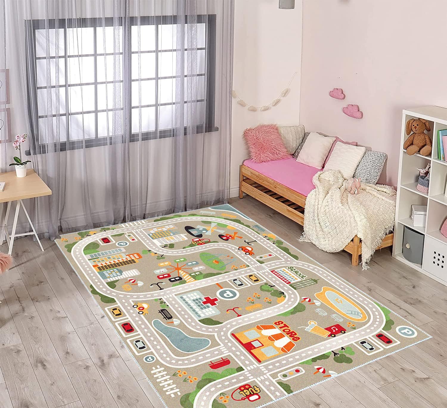 Alfombra de juegos para niños, alfombra de juego de vida urbana para autos de juguete y trenes, alfombra de área de juegos con respaldo de goma,
