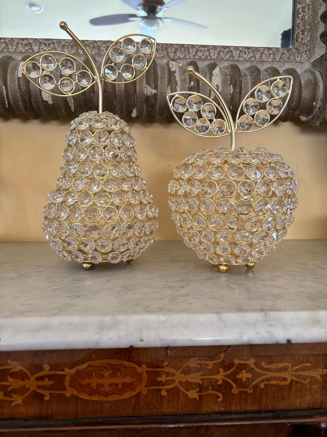 5705 Manzana Cristal Escultura de pera dorada, decoración del hogar, centro de mesa de frutas, pera de cristal, peras de regalo, mesa, decoración de