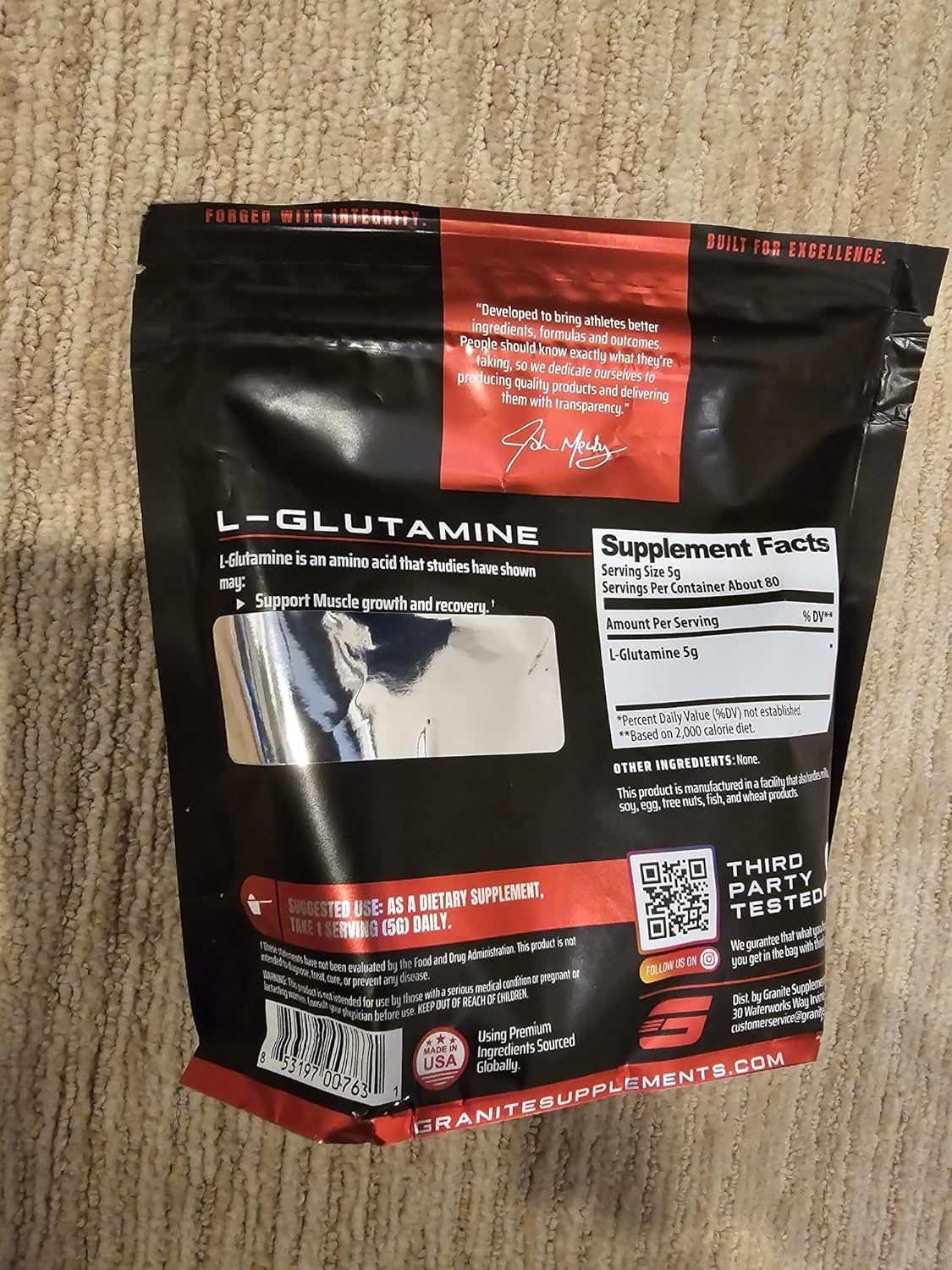 Granite L-Glutamina en polvo (fermentado), recuperación y apoyo inmunológico, 80 porciones