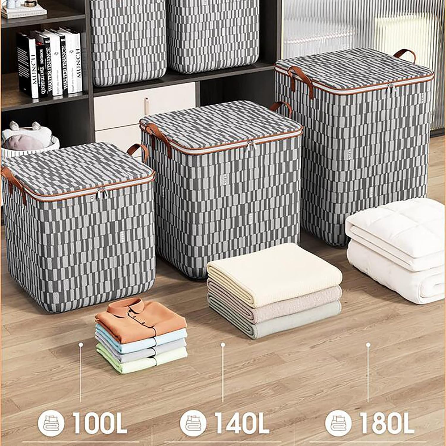 Bolsas de almacenamiento grandes de 100 litros  Contenedores de almacenamiento plegables para armario, contenedores de almacenamiento con asas