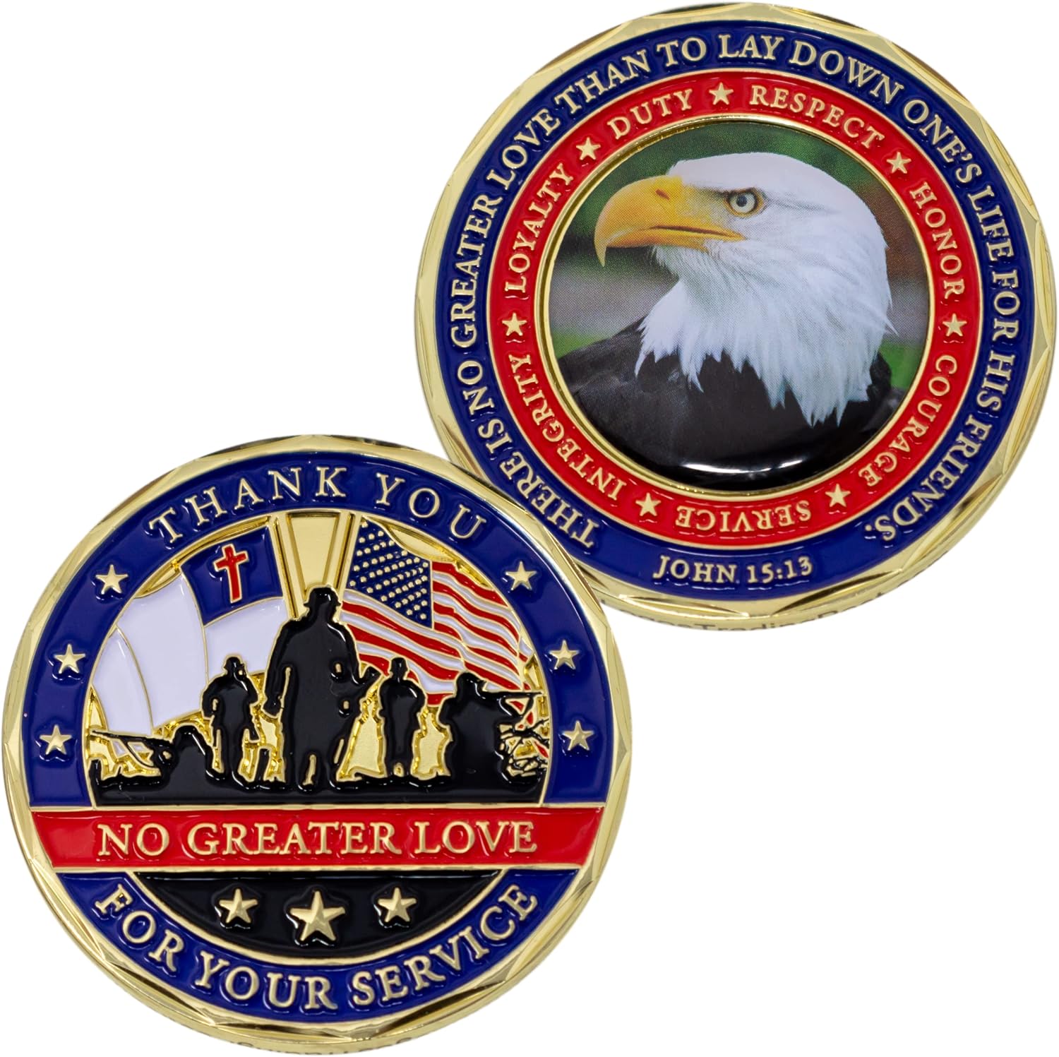 Moneda de veteranos, gracias por su servicio, moneda de desafío militar cristiano, no mayor amor, chapado en color dorado, regalo del día de los