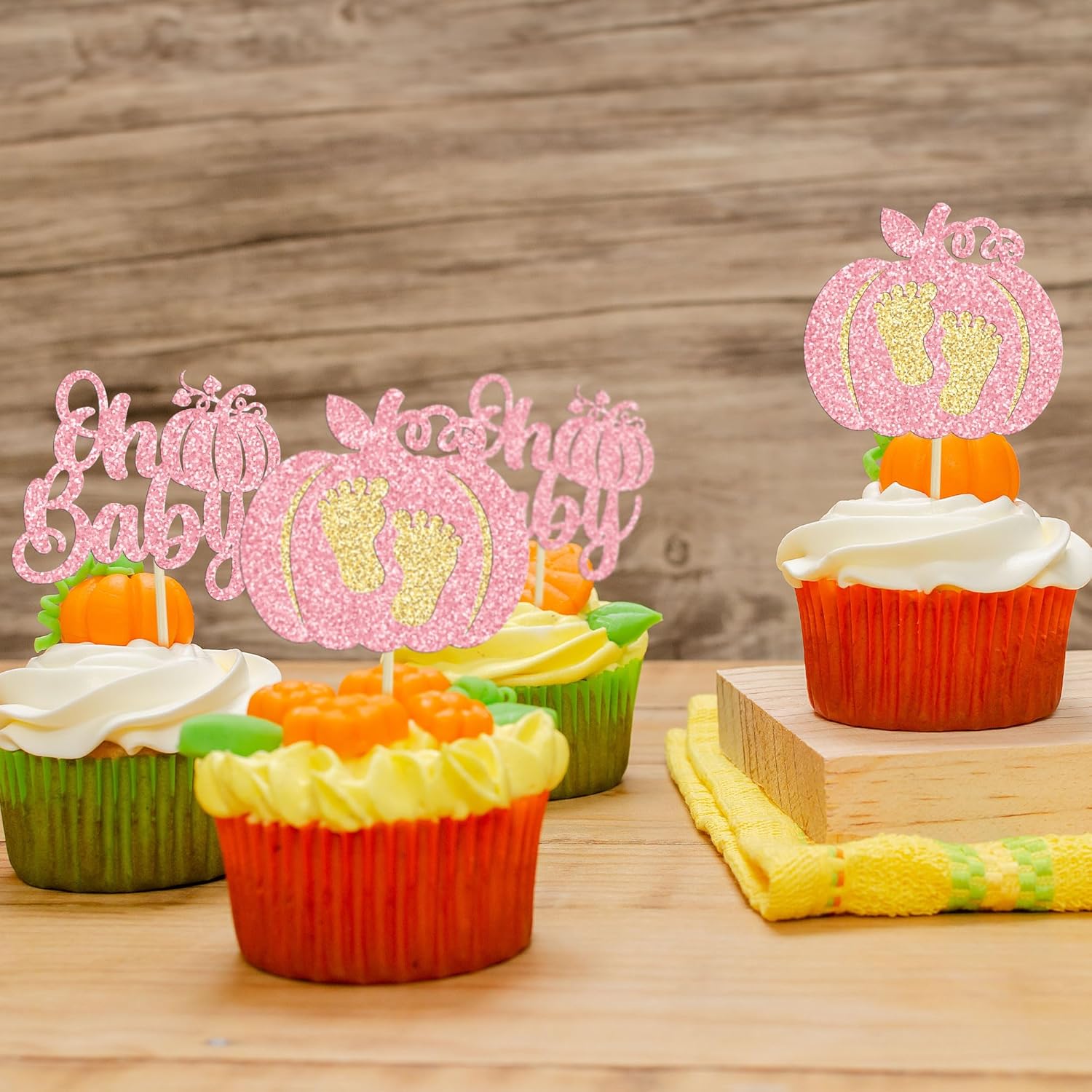 24 piezas de calabaza Oh Baby Cupcake Toppers Pink Glitter Pumpkin Cupcake Picks Boy Baby Shower Cake Decor for Pumpkin Theme Reveal Kids Birthday