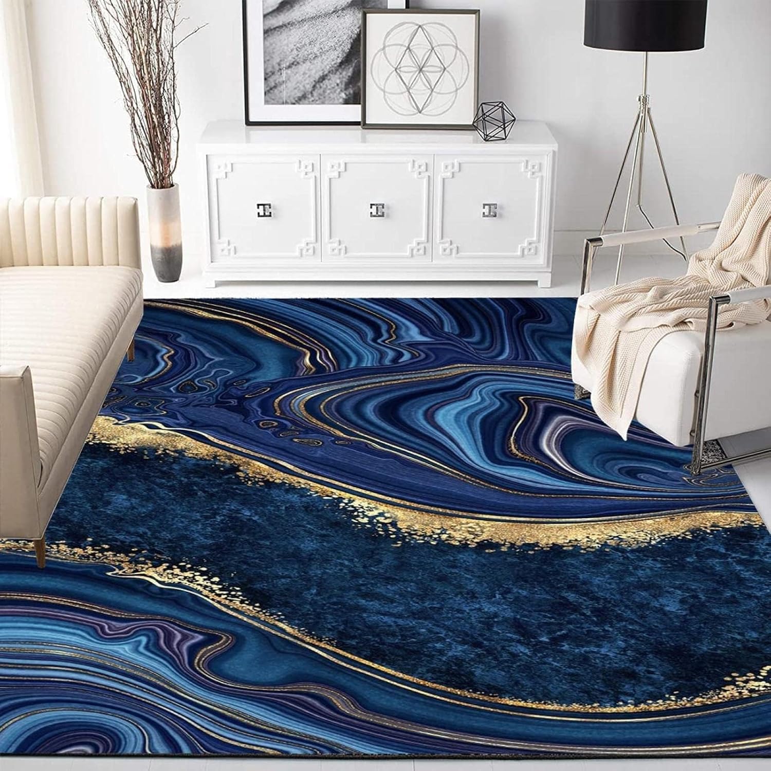 Alfombra de área de mármol azul marino dorado, líneas doradas azul oscuro, alfombra suave lavable, alfombra de tapicería con respaldo antideslizante