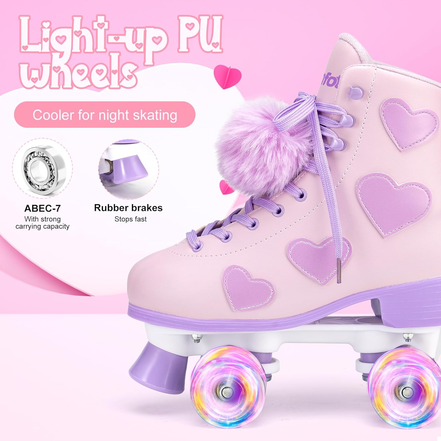 Ruthfot Patines clásicos para mujeres y niñas con ruedas iluminadas y patrón de corazón de amor, patines de piel sintética de alta calidad