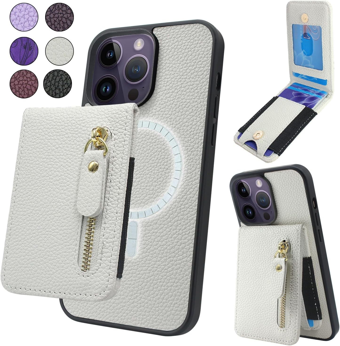 Lacass Funda compatible con MagSafe Case Wallet para iPhone 15 Pro Max de 6.7 pulgadas, tarjetero magnético desmontable con cremallera funda tipo