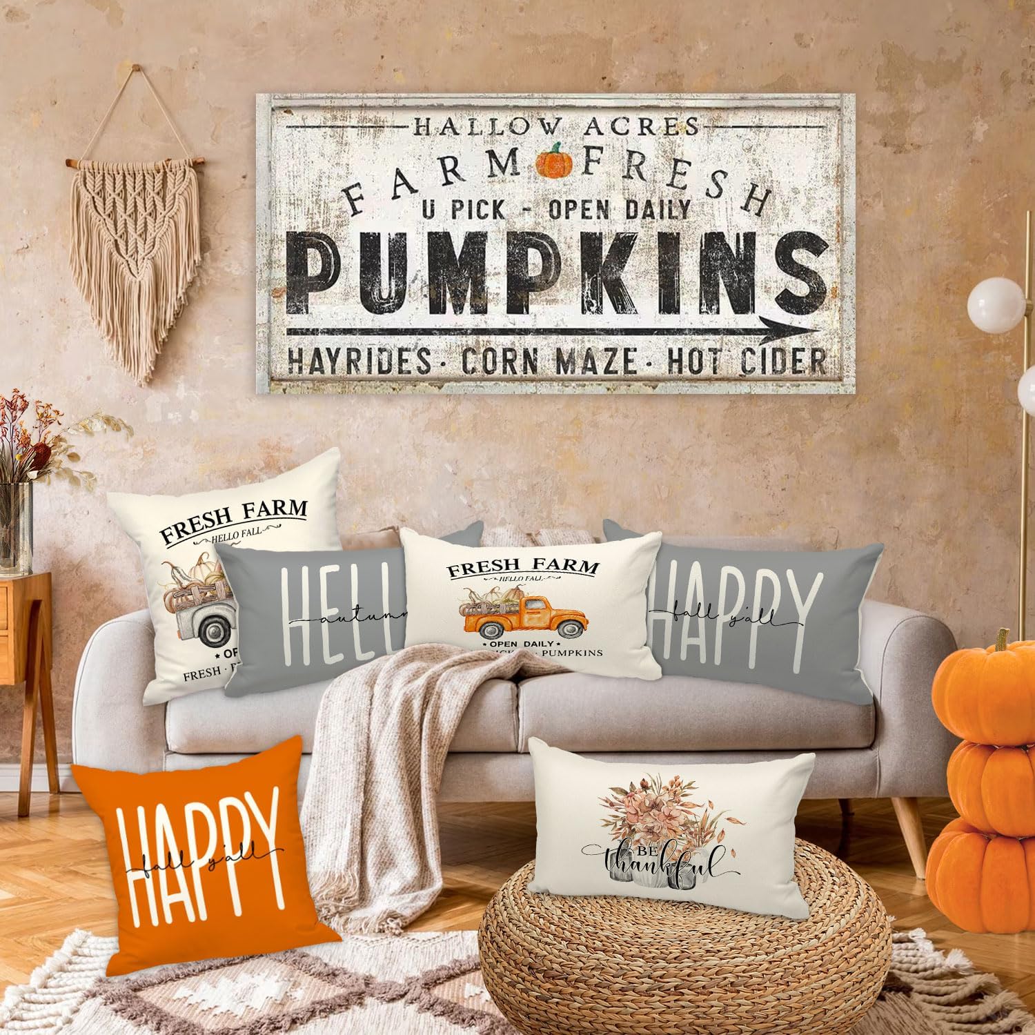 Ywlake Juego de 4 fundas de almohada decorativas de otoño de 12 x 20 pulgadas, color gris de 12 x 20 pulgadas, fundas de almohada otoñales de Acción