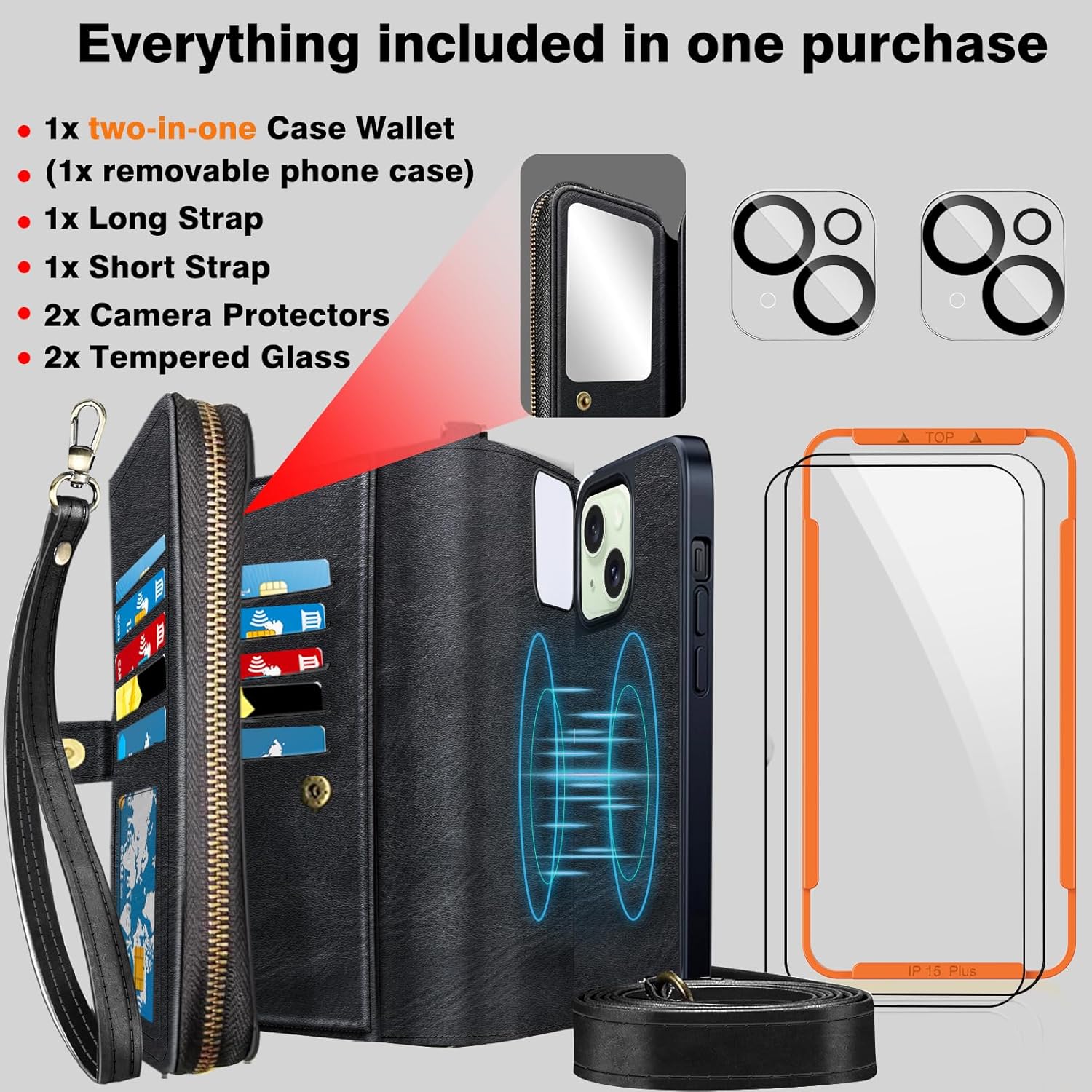 Funda de cuero para Apple iPhone 15 Plus con soporte para tarjetas, accesorios de teléfono para mujeres, hombres y mujeres, paquete de 2 protectores