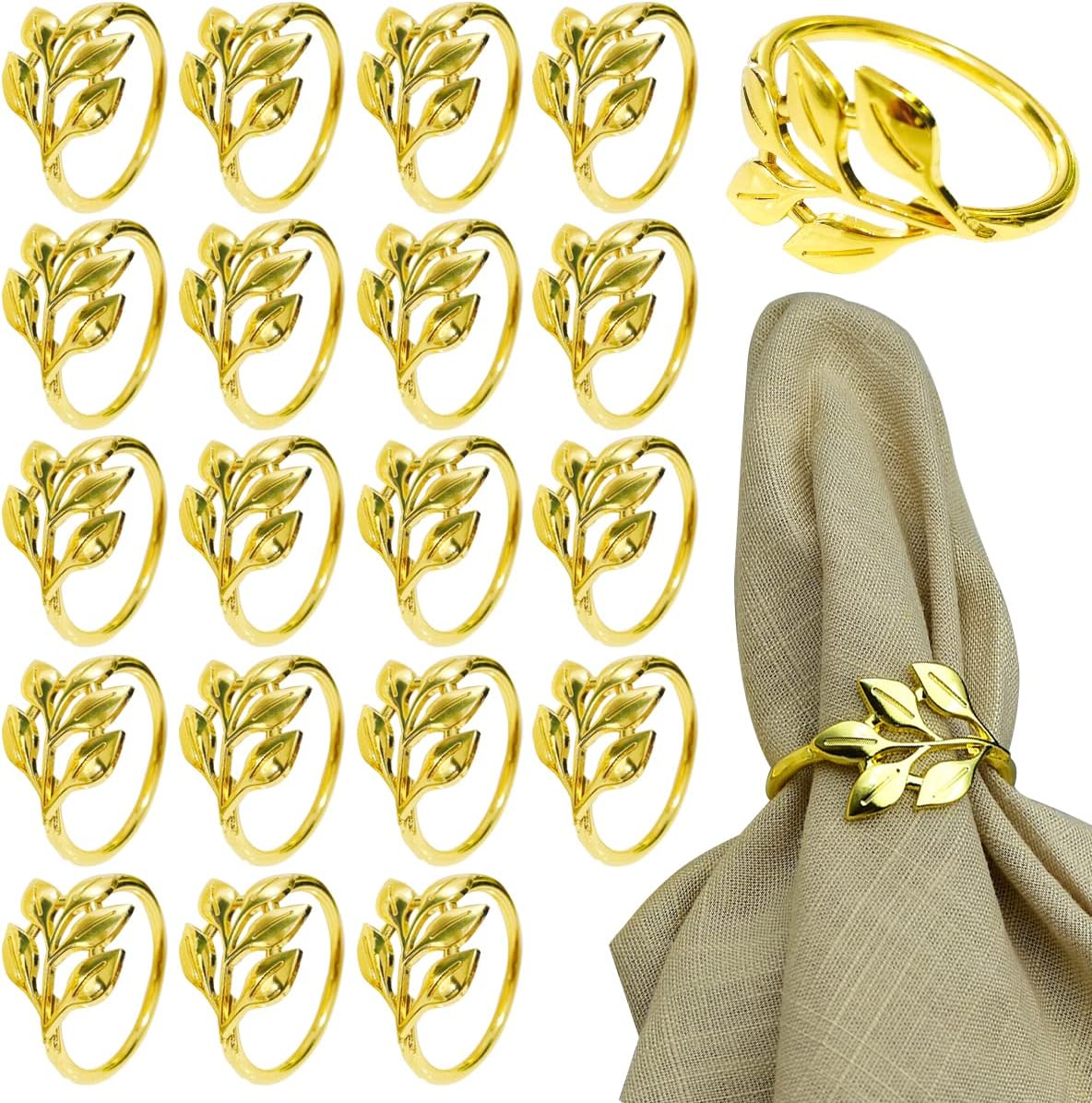 Paquete de 20 servilleteros dorados, juego de servilleteros de hoja de metal, servilleteros dorados, decoraciones de mesa, hebillas de servilleta de
