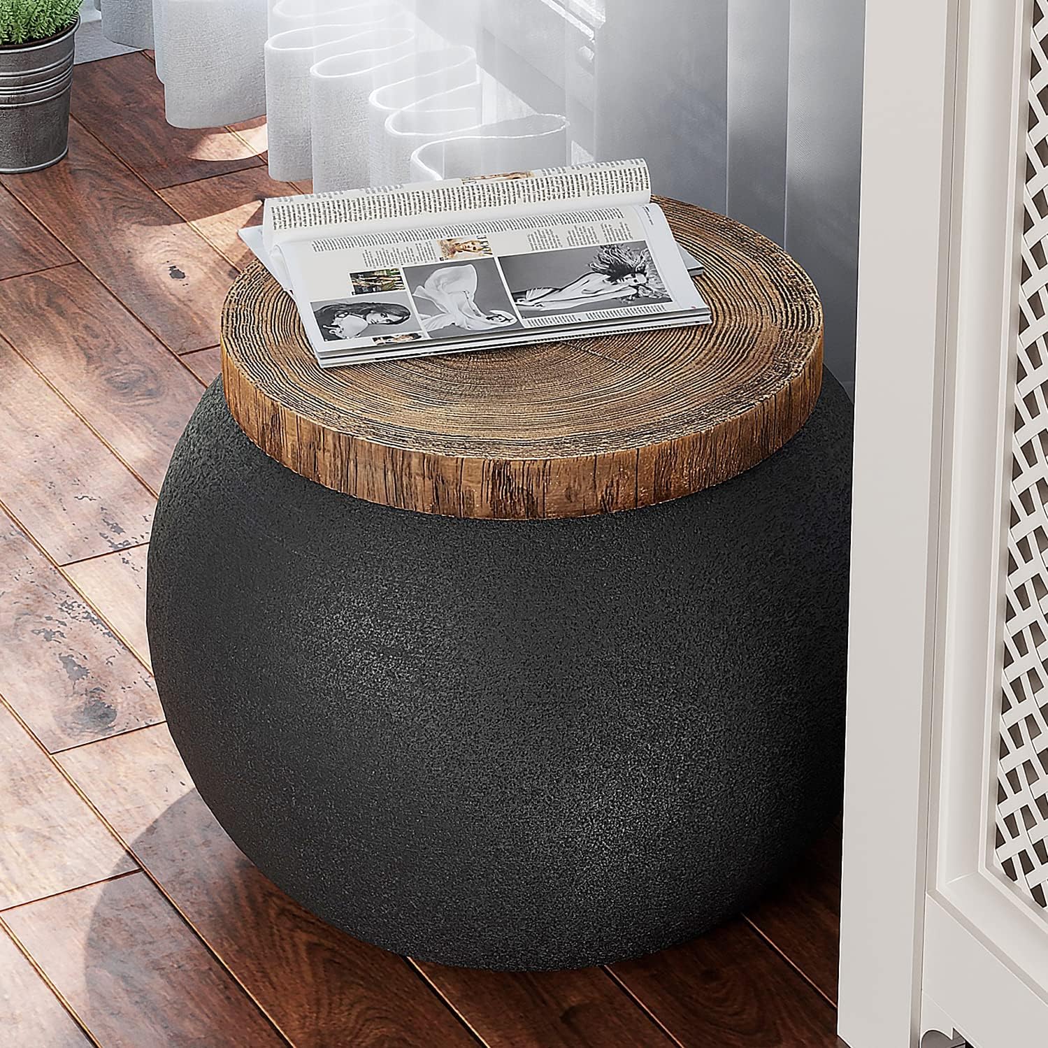Mesa auxiliar de tambor de hormigón, mesa auxiliar con escritorio de madera sintética, mesa auxiliar decorativa, taburete de plantas para decoración