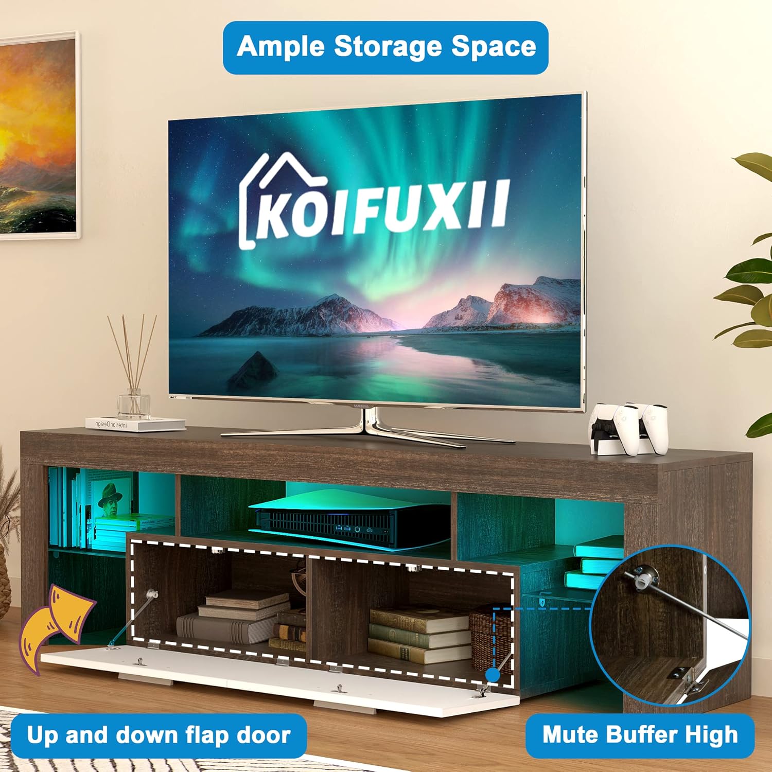 Koifuxii Soporte de TV moderno de mediados de siglo para TV de 40, 50, 55, 60, 65, 70 pulgadas, soporte de TV LED con gabinete de almacenamiento,