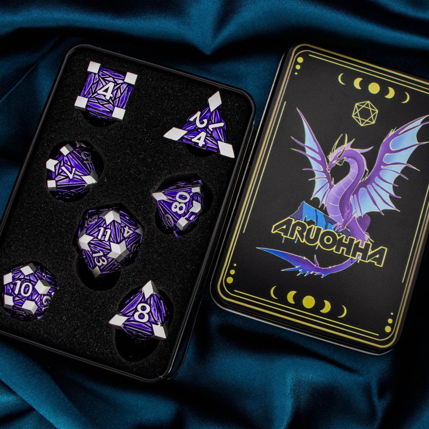 ARUOHHA DND – Juego de dados de metal con fragmentos de cristal, dados D&D con caja de regalo, 7 dados poliédricos plateados y morados, juego de rol