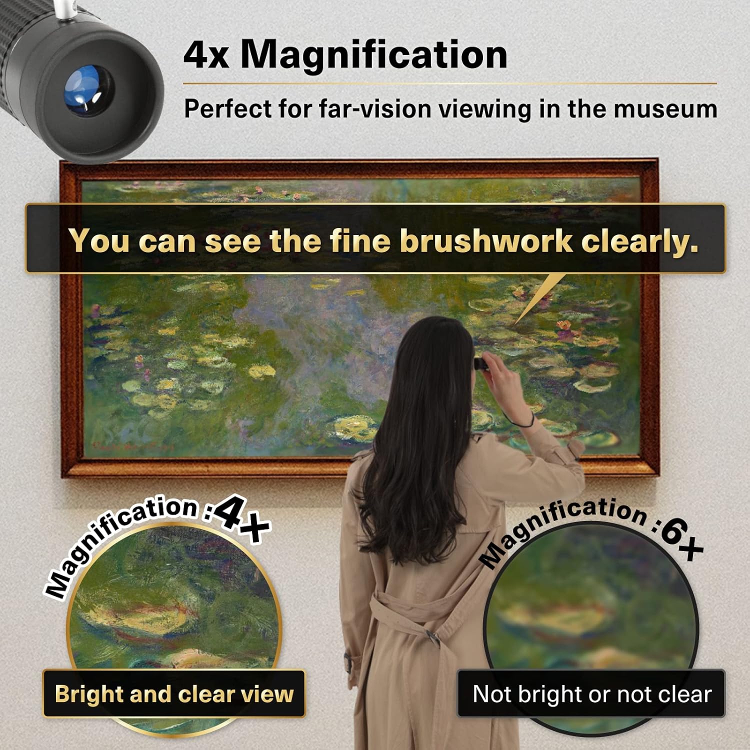 4×12 Arts Monocular Extra Short Focus Reading Monocular Art Alcance para museo westuche suave, correa