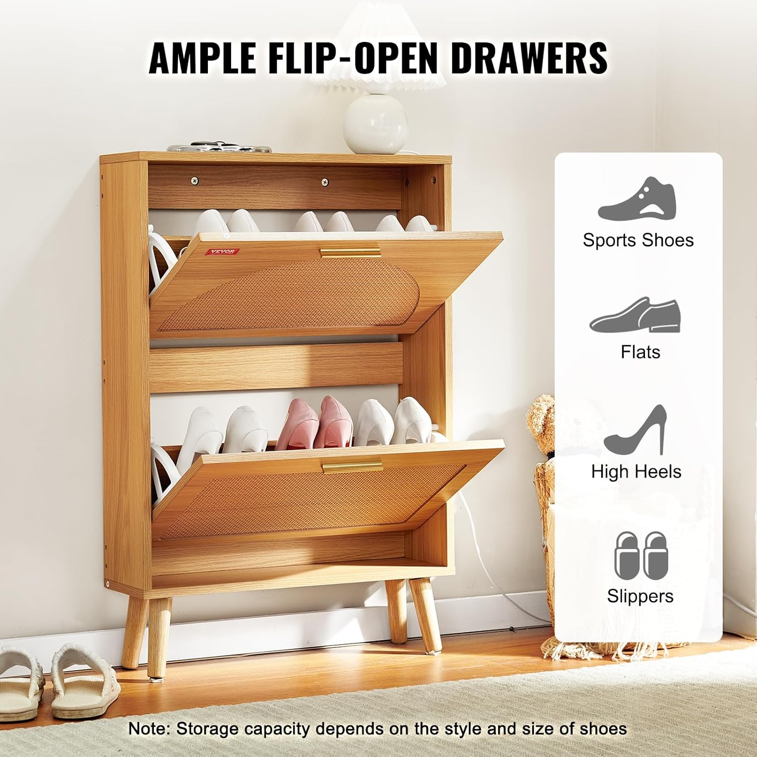VEVOR Shoe Storage Cabinet for Entryway, 23.6″ D x 6.6″ W x 34.5″ H, Wood Color