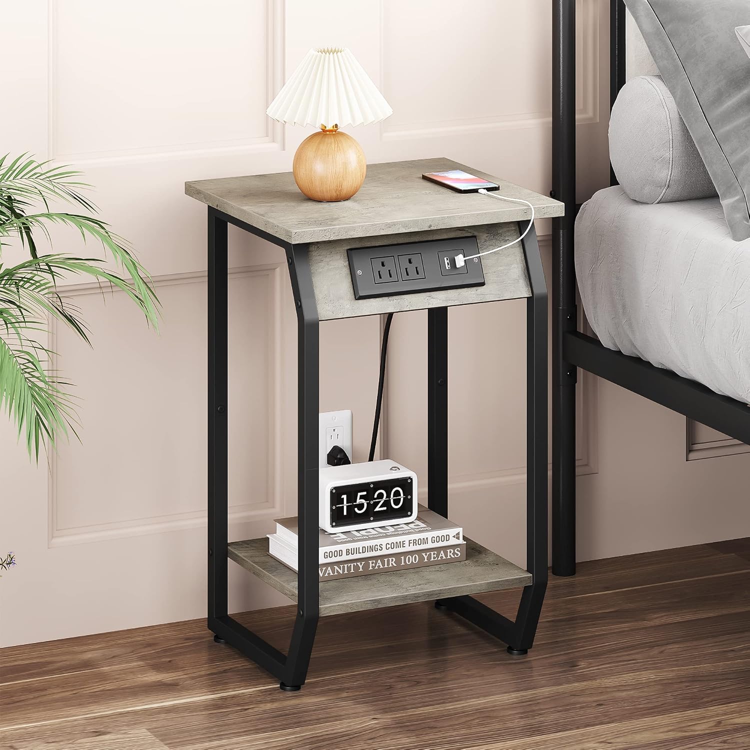 Mesa auxiliar con puertos de carga USB y tomacorrientes, mesita de noche de 2 niveles para sala de estar, mesa auxiliar de dormitorio con estación