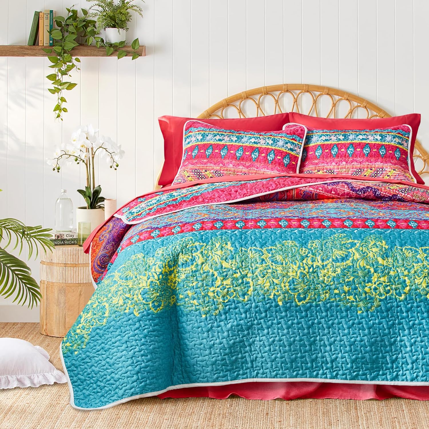 Juego de edredón bohemio colorido de 3 piezas, tamaño King, juego de ropa de cama con estampado bohemio a rayas rosa y verde azulado para verano,