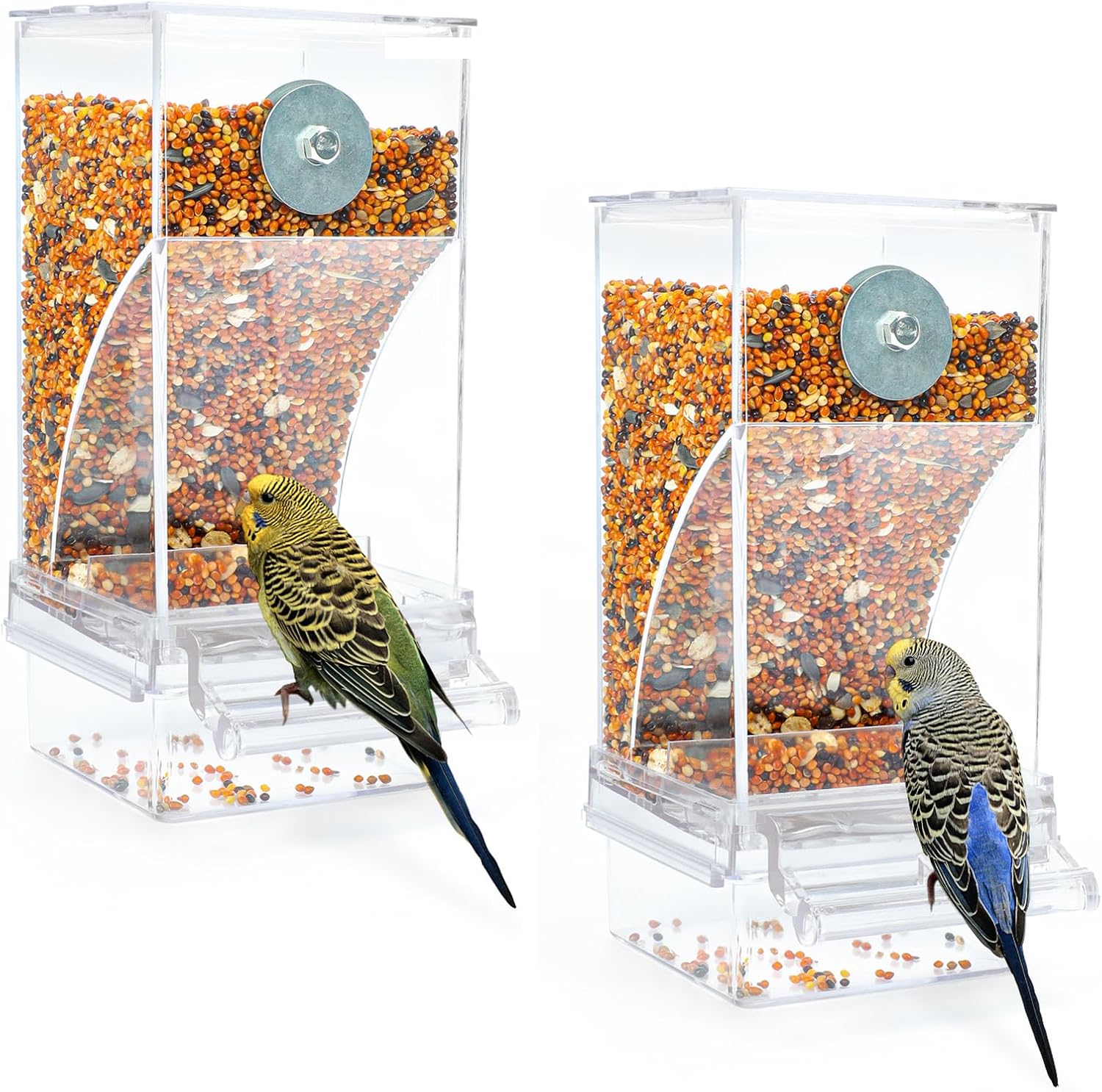 Rypet Paquete de 2 comederos automáticos para pájaros sin ensuciar, jaula transparente transparente para comederos de loros acrílicos, accesorios