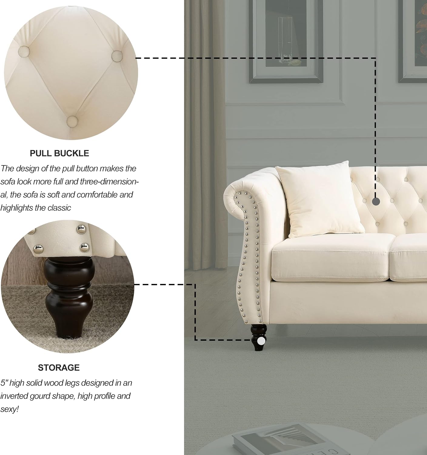 Sofá Chesterfield de terciopelo de 80 pulgadas, sofá de 3 plazas con dos almohadas, cabeza de clavos y brazos enrollados, sofá tapizado con respaldo
