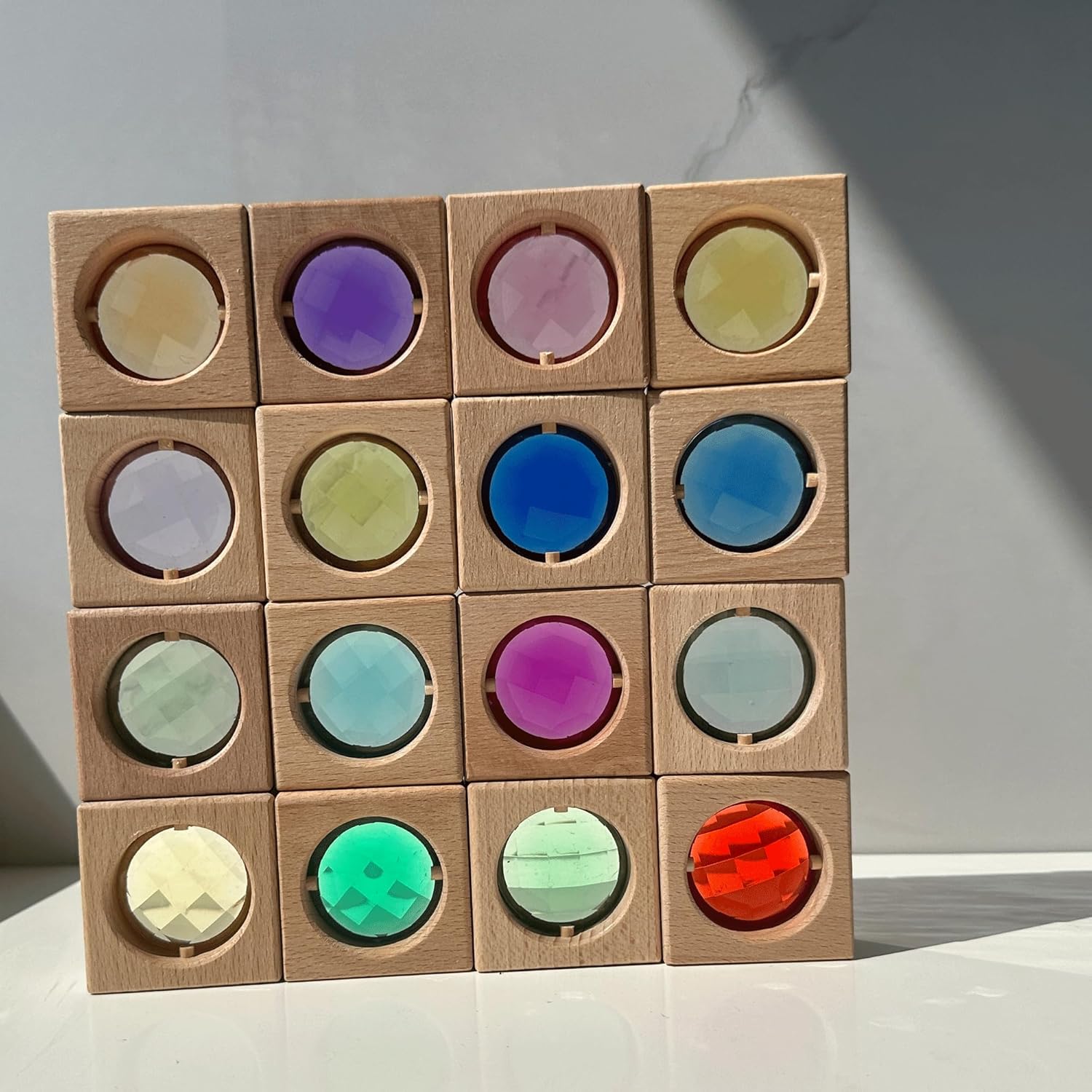 16 bloques de gemas de madera acrílica, juguetes apilables de madera coloridos acrílicos brillantes, juguetes educativos Montessori de madera de