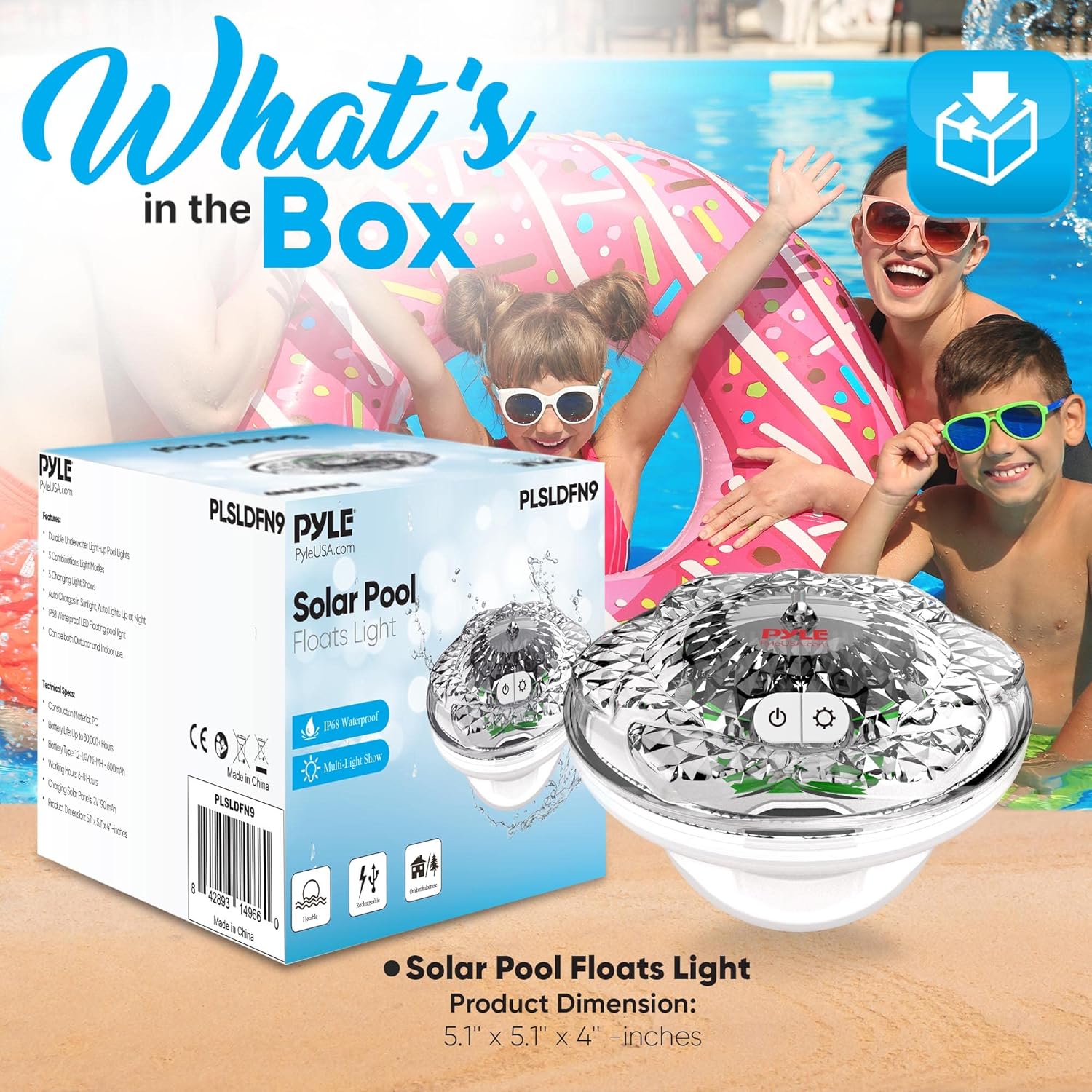 Pyle Bola de luz flotante para piscina, 3 luces solares que cambian de color para piscina, luces flotantes impermeables IP68 recargable, luz