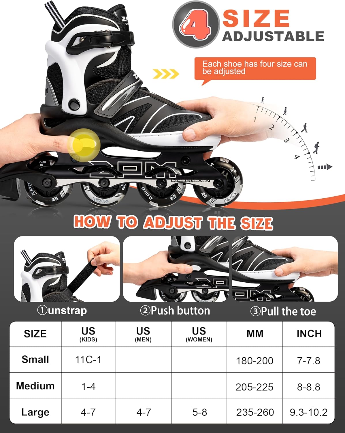 2PM SPORTS Patines en línea ajustables para niños de 4 a 12 años, patines Inlie para niñas y niños de 5 a 8 a 12 años con ruedas de luz completa,