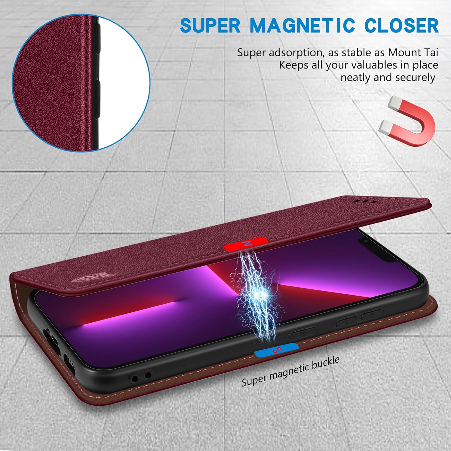 ZZXX Funda tipo cartera para iPhone 13 Pro Max con bloqueo RFID, soporte de ranura para tarjetas, funda protectora de cuero magnético fuerte para
