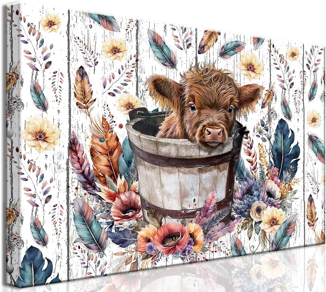 Bonito lienzo de vaca de las tierras altas en lienzo, arte de pared rústico para baño, decoración de pared de baño con plumas coloridas, póster