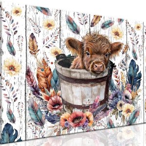 Bonito lienzo de vaca de las tierras altas en lienzo, arte de pared rústico para baño, decoración de pared de baño con plumas coloridas, póster Bonito lienzo de vaca de las tierras altas en lienzo, arte de pared rústico para baño, decoración de pared de baño con plumas coloridas, póster