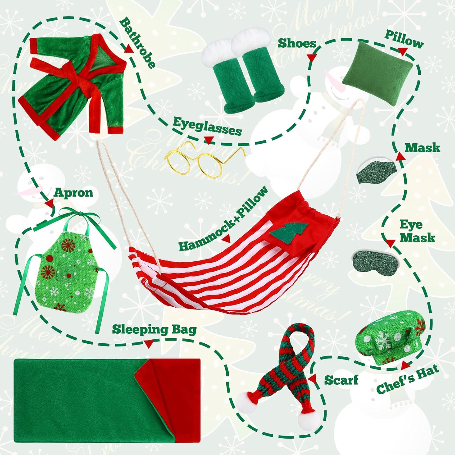 11 piezas de saco de dormir accesorio de Navidad para muñeca elfo, incluye muñeca de Navidad, saco de dormir, albornoz, delantal, sombrero de chef,