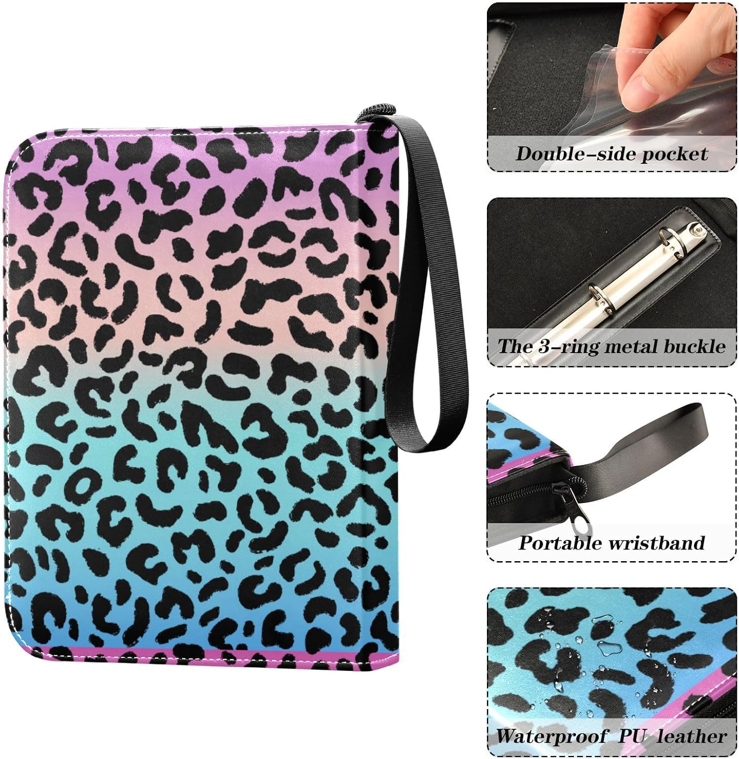 Carpeta de tarjetas coleccionables de leopardo arcoíris con 4 bolsillos con 50 fundas extraíbles, carpeta de álbumes de tarjetas de 3 anillos con