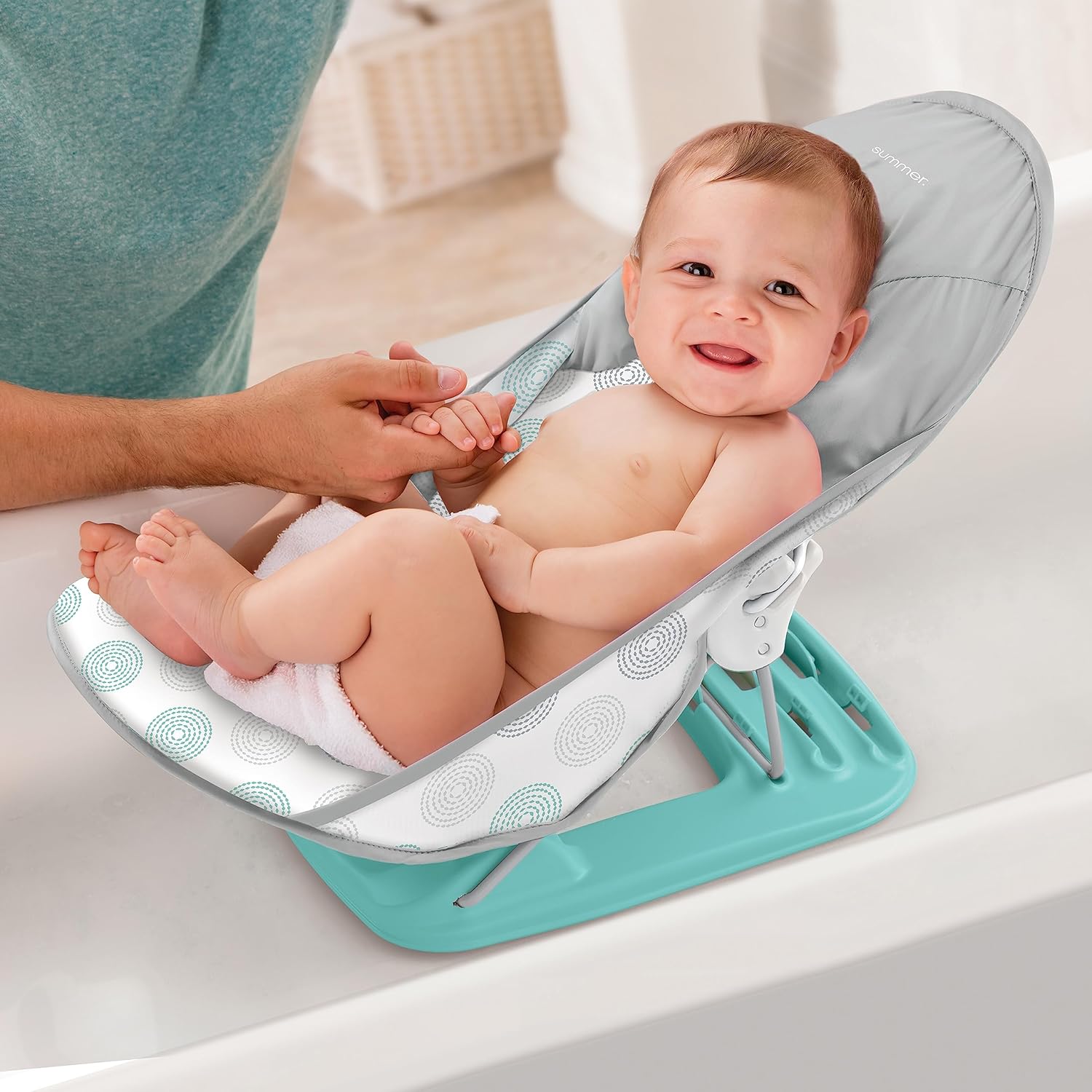 Summer Infant Asiento de baño de lujo para bebé, soporte ajustable para fregadero o bañera, incluye 3 posiciones reclinables, puntos punteados
