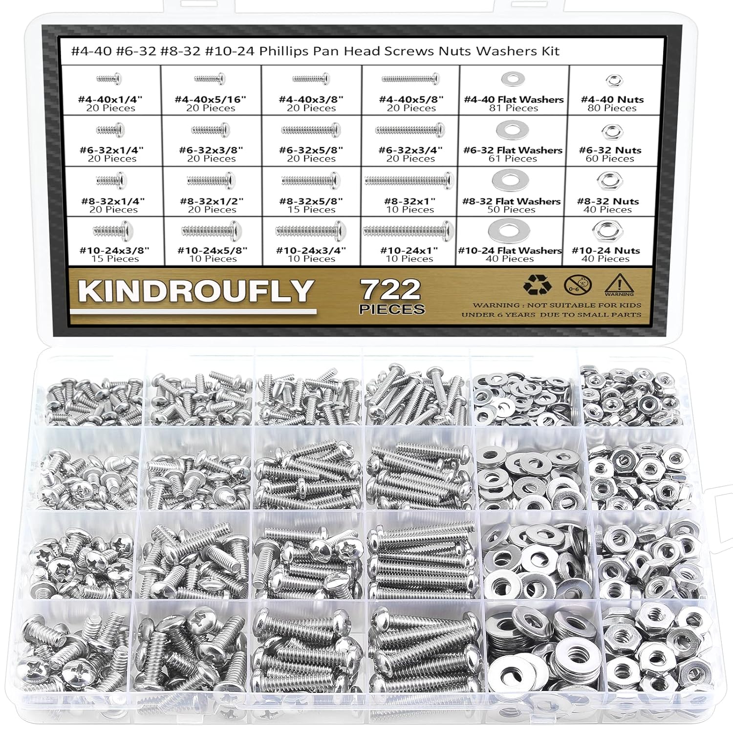722 piezas #4-40#6-32#8-32#10-24, kit surtido de tornillos de máquina Phillips de cabeza plana, acero inoxidable 304, rosca totalmente a máquina