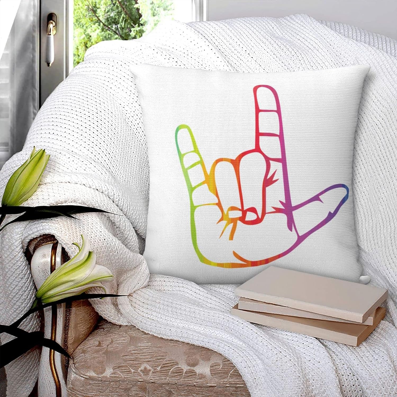 ASL – Funda de almohada decorativa con texto en inglés “I Love You” de doble cara para sofá