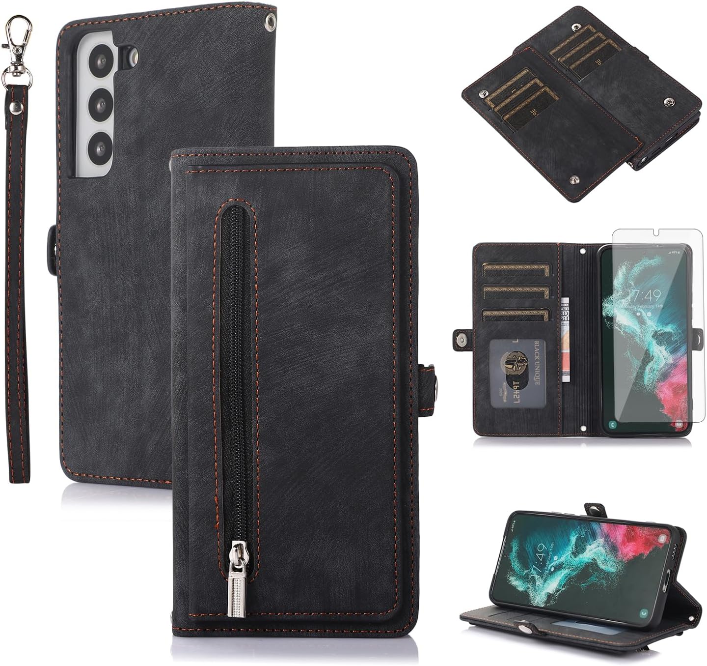 Asuwish Funda de teléfono para Samsung Galaxy S21 FE 5G Funda tipo cartera con protector de pantalla de vidrio templado y cremallera abatible,