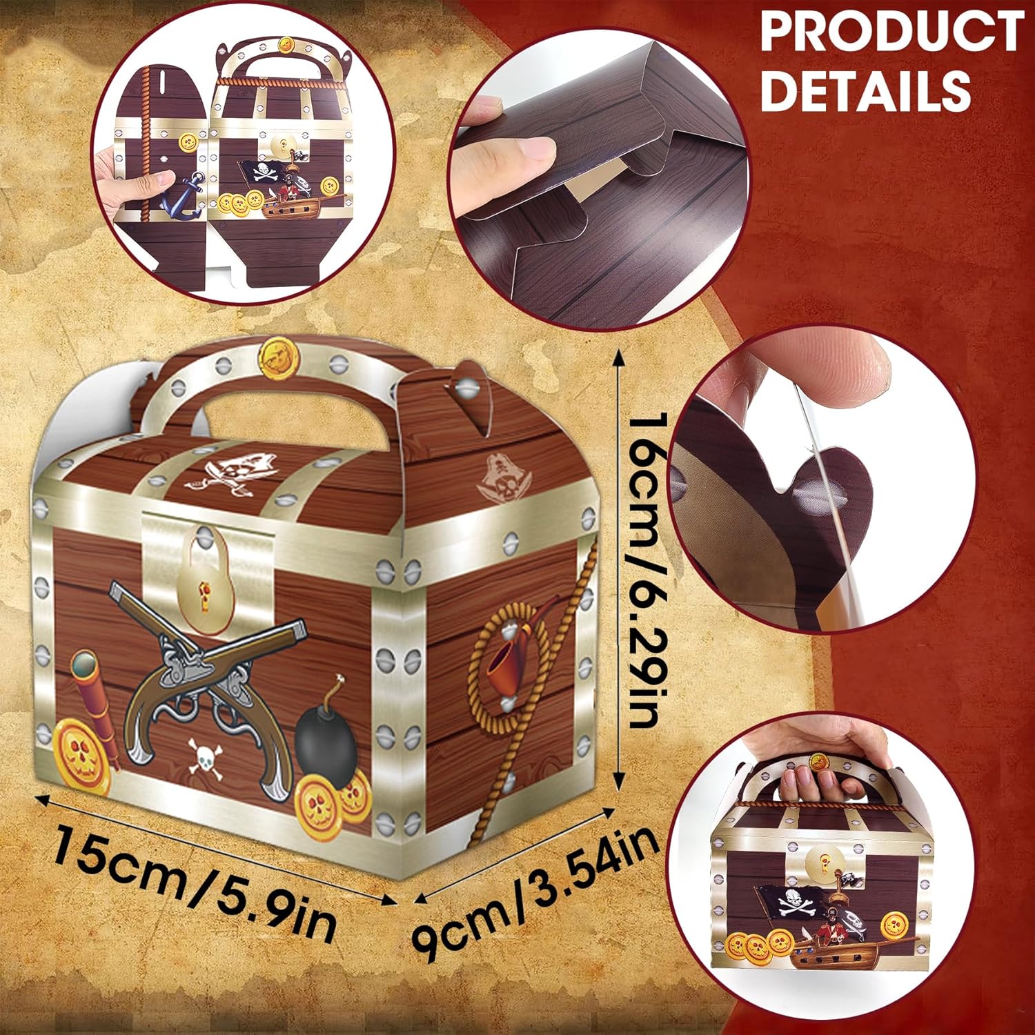 Cajas de tesoros para Halloween, cajas de cartón del tesoro pirata, cajas de golosinas para el juego de caza del tesoro, fiesta temática pirata