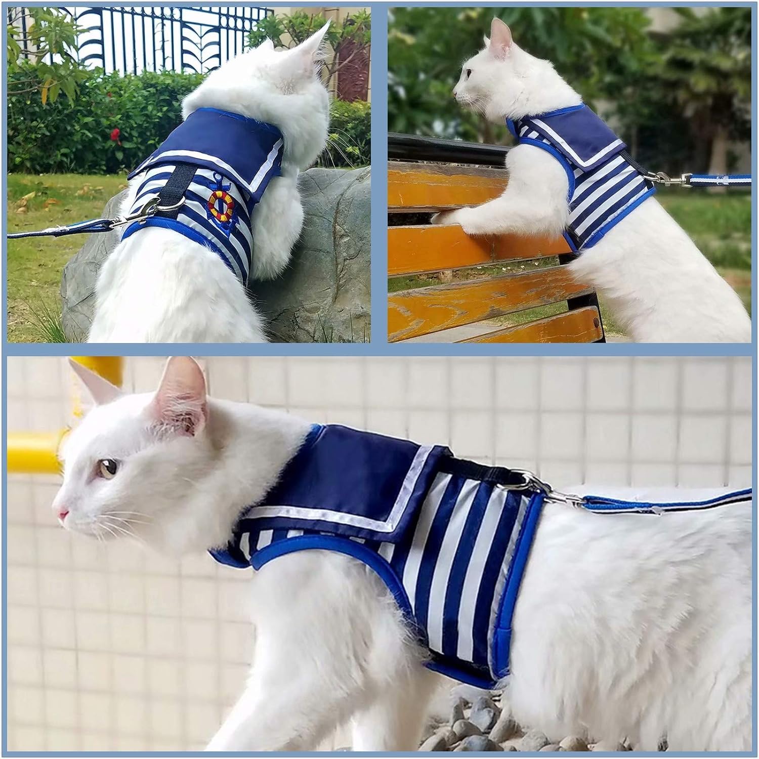 Arnés de gato con correa, ajustable para gatos, chaleco acolchado para gatos, Traje marinero azul marino