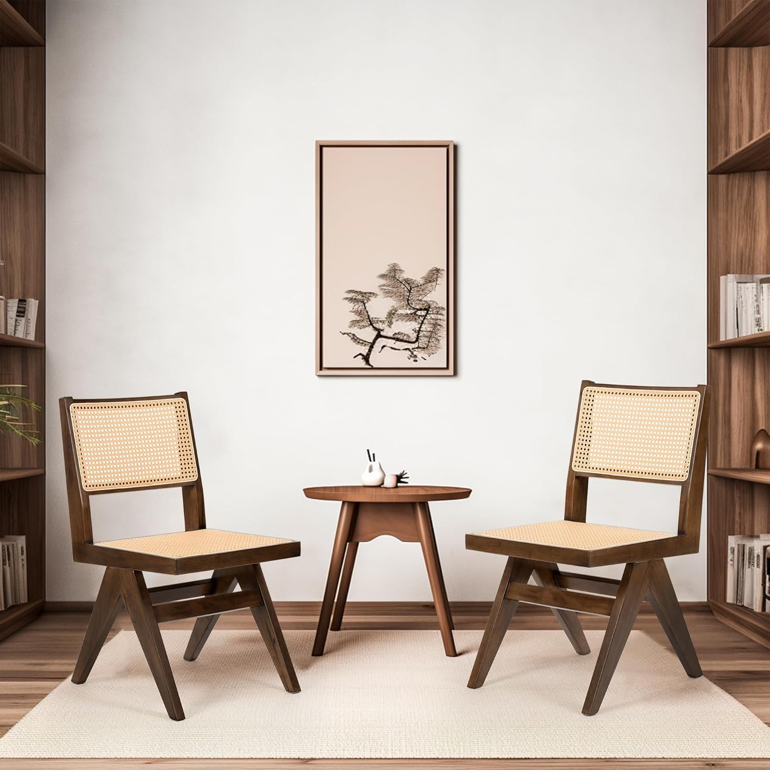 HoeuThien Silla de comedor de ratán de granja, silla auxiliar de madera de mediados de siglo, moderna de mediados de siglo, silla sin brazos de caña