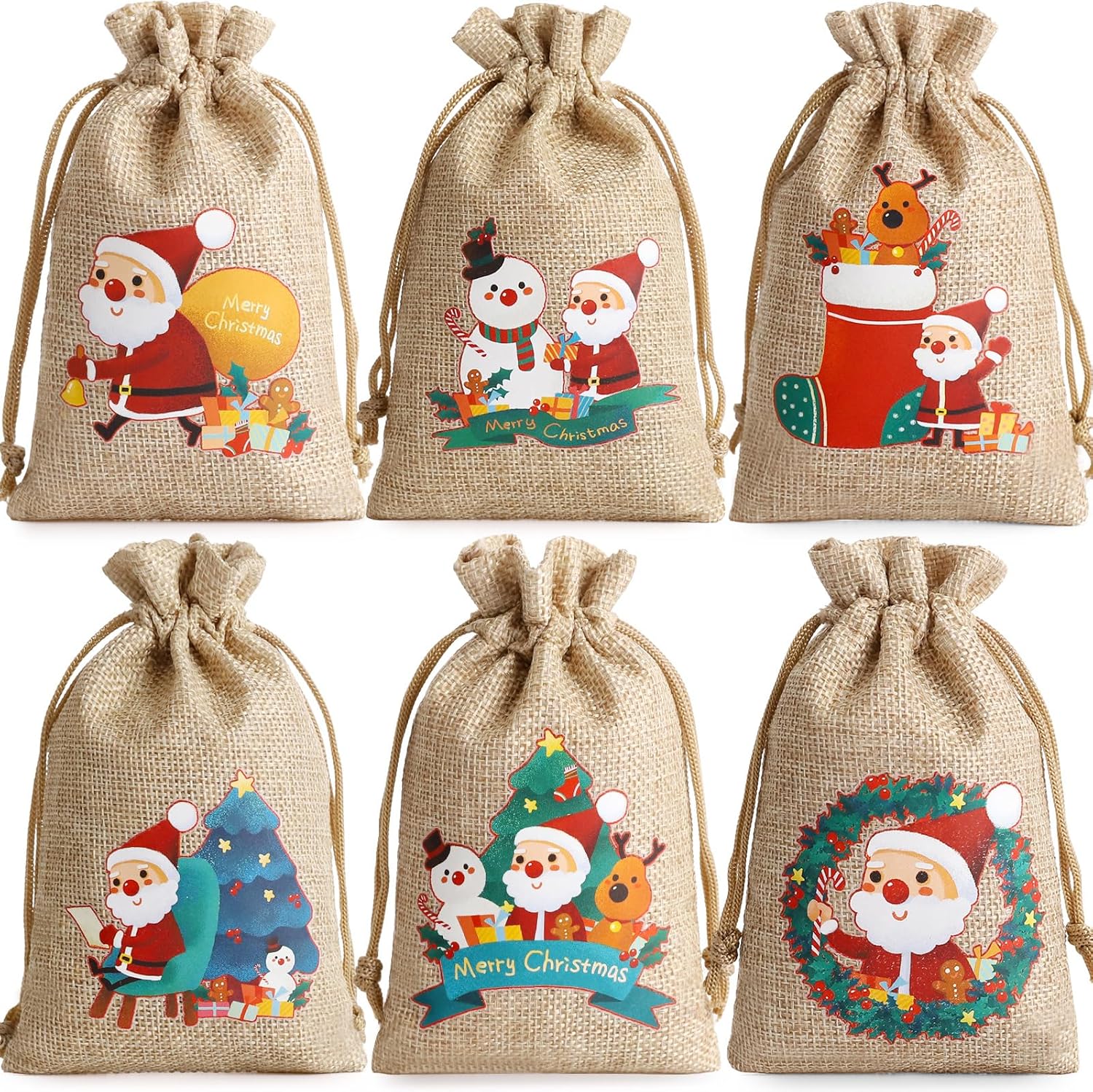 Hopttreely 24 bolsas de arpillera de Navidad, bolsas de Navidad de yute para regalos, bolsas de dulces de Navidad de 4 x 6 con cordones, bolsas