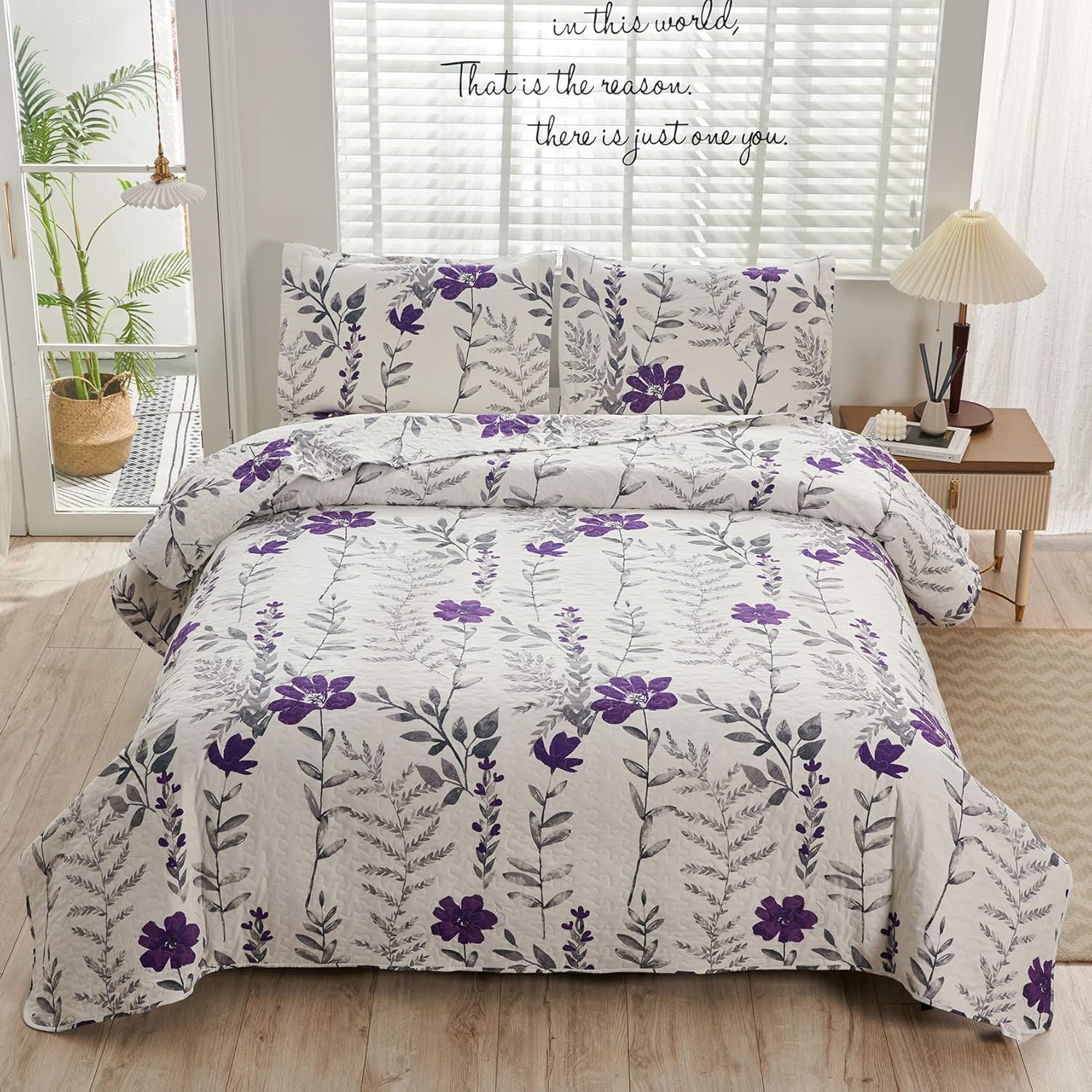 Colchas de cama con estampado floral, tamaño King, color morado y gris, colcha de hojas transpirable, cubrecama bontánica, manta de microfibra
