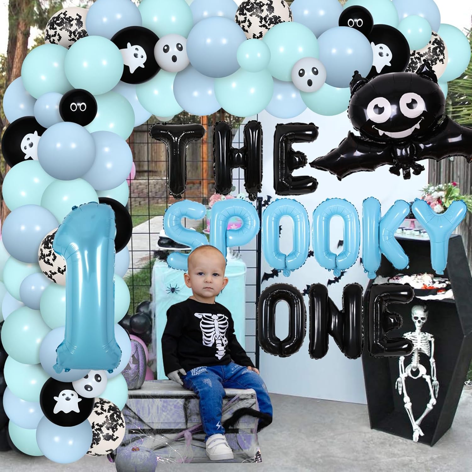 Decoraciones de fiesta de Halloween para el primer cumpleaños de niño, decoración de cumpleaños espeluznante para niño, arco de globos azul pastel,
