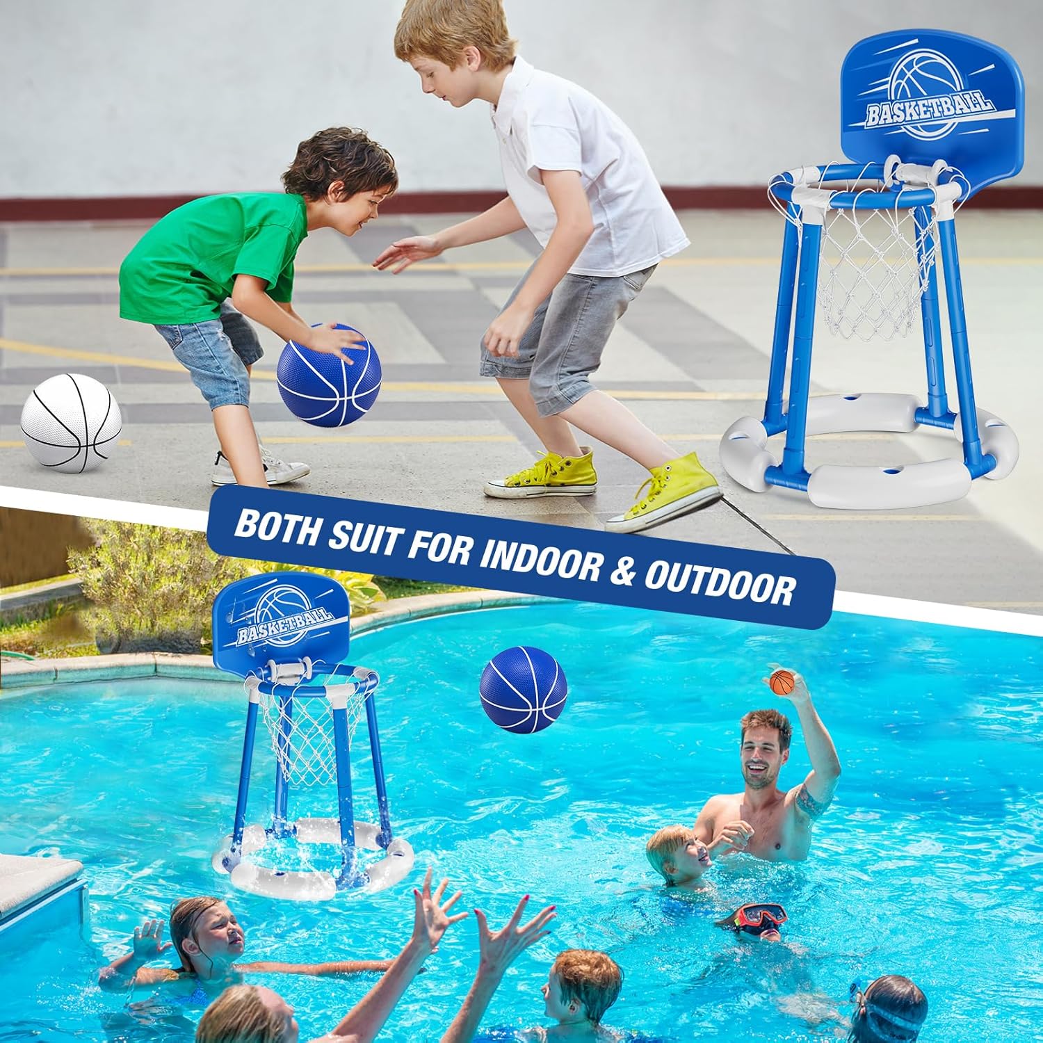 HYES Aro de baloncesto para piscina junto a la piscina con tablero, juguetes flotantes para piscina con 4 pelotas de baloncesto4 globos de