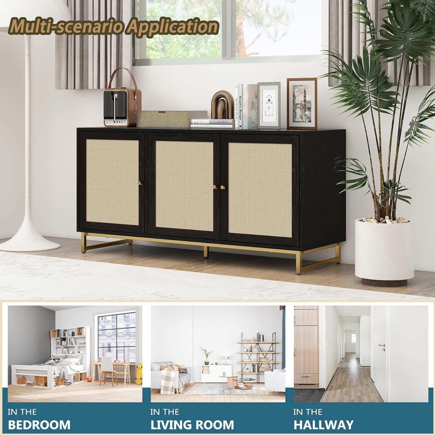 Aparador de buffet con puertas decoradas de ratán, gabinete de buffet, gabinete de ratán de 3 puertas con patas de metal para sala de estar,
