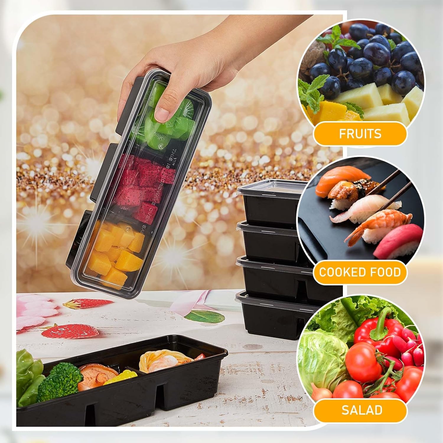 Contenedores pequeños de 17 onzas con 3 compartimentos, cajas Bento de plástico desechables, reutilizables, apilables, cajas de almuerzo de viaje